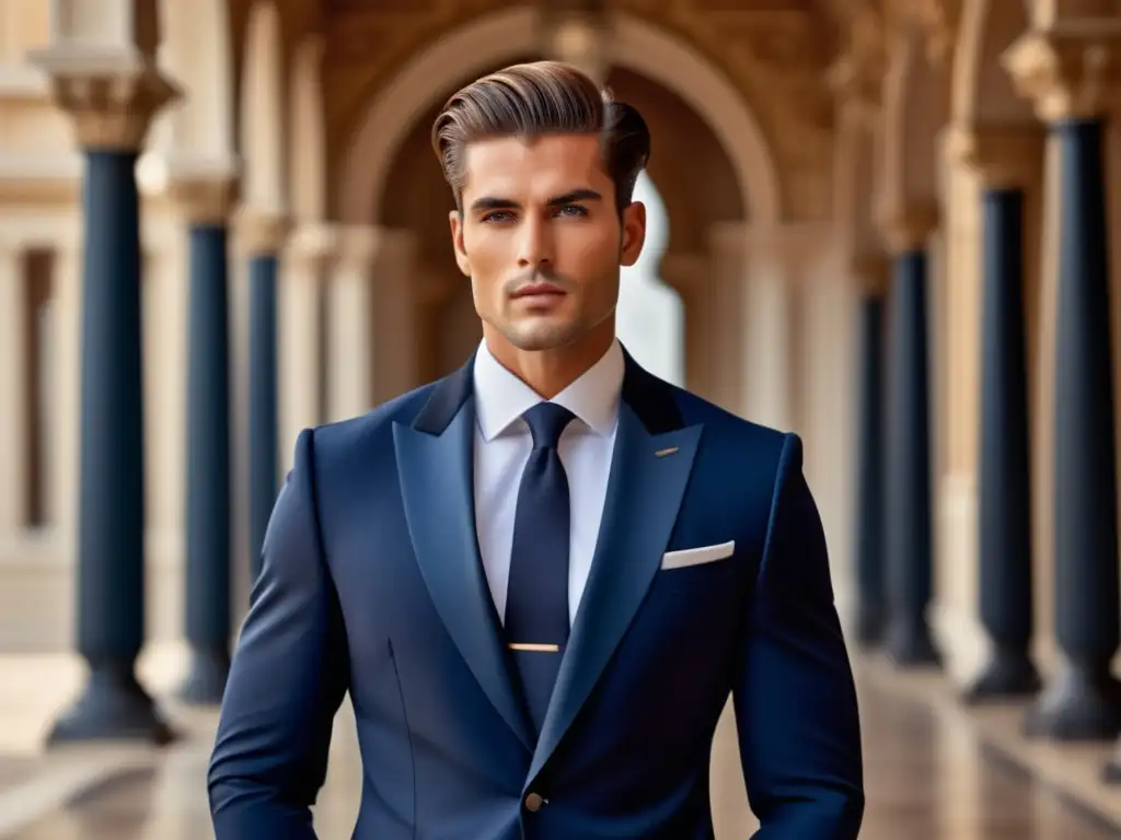 Tendencias moda masculina realeza: modelo masculino con traje de lujo frente a palacio, elegante y sofisticado