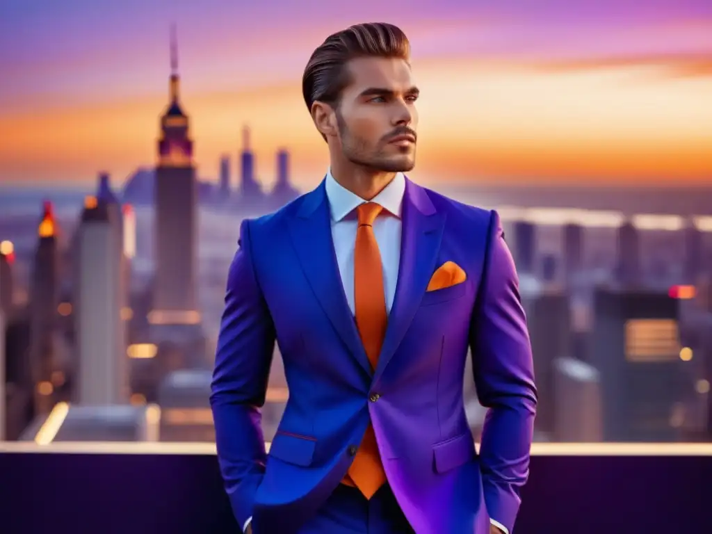 Impacto psicológico del color en la moda masculina: modelo masculino elegante en traje azul junto a skyline urbano al atardecer