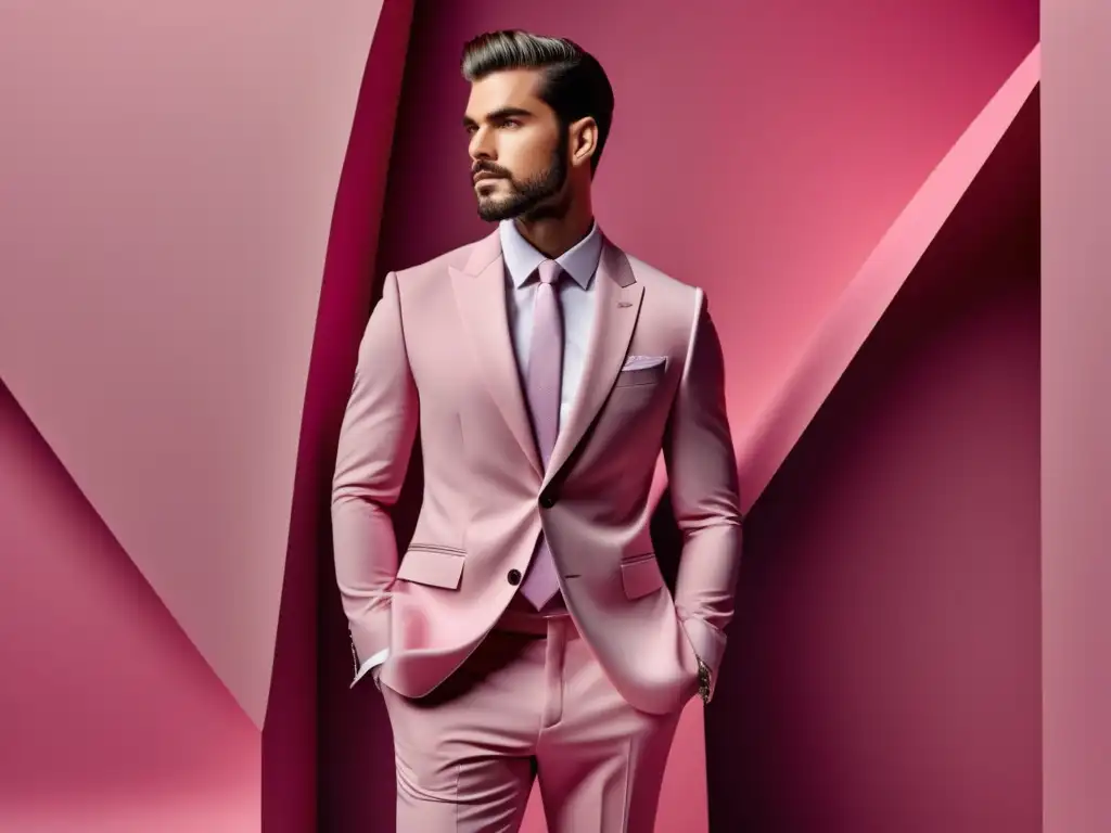 Tendencias moda masculina color rosa, modelo elegante en traje rosa, fondo minimalista en tonos grises y blancos