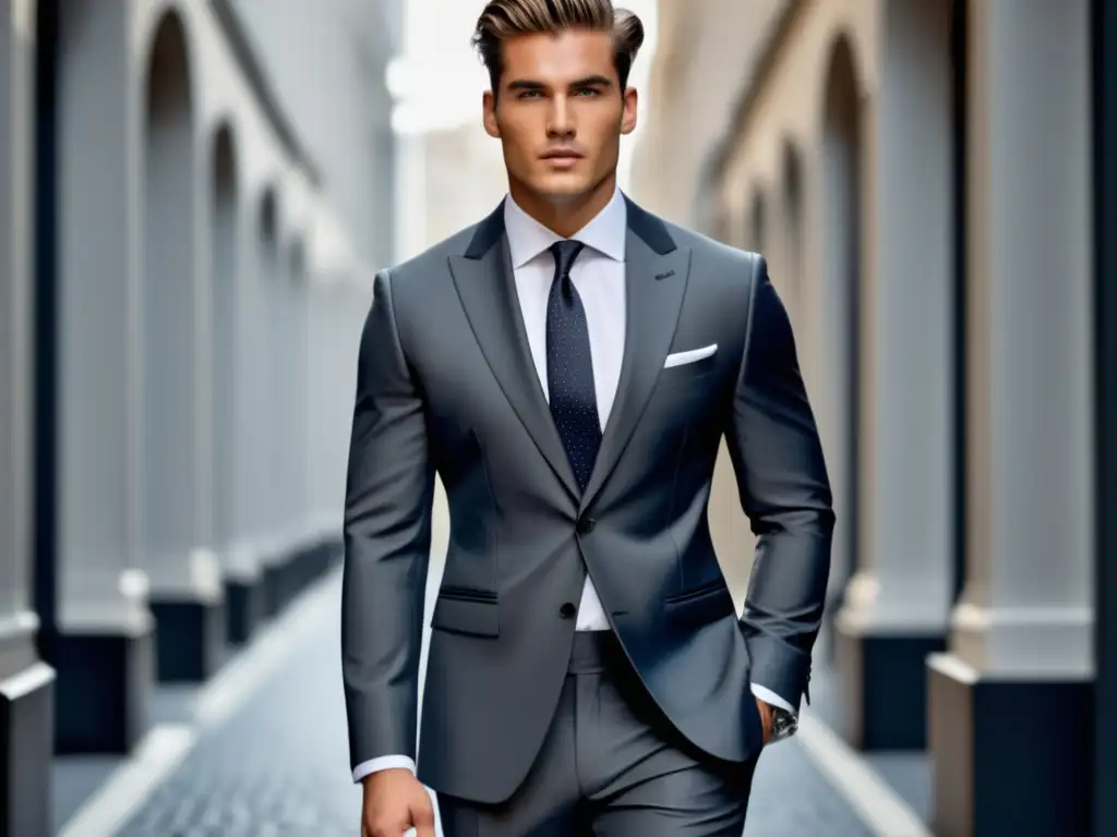 Modelo masculino con traje elegante en gris o azul marino, camisa blanca con patrón, corbata negra y accesorios de moda en una oficina moderna