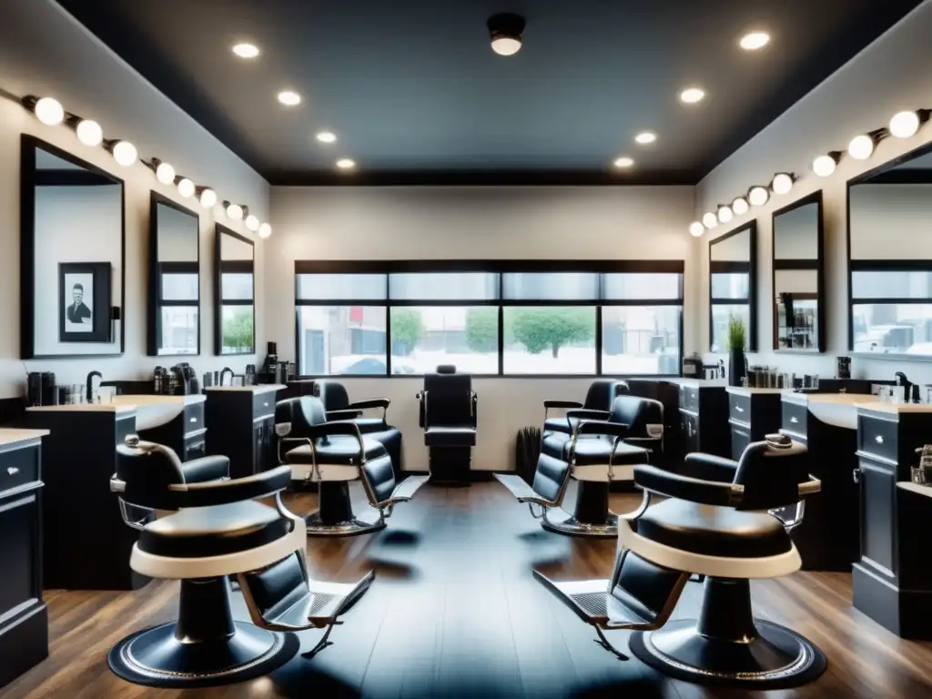 Moderna barbería con decoración en blanco y negro, destacan sillas de barbero elegantes, utensilios y arte temático vintage