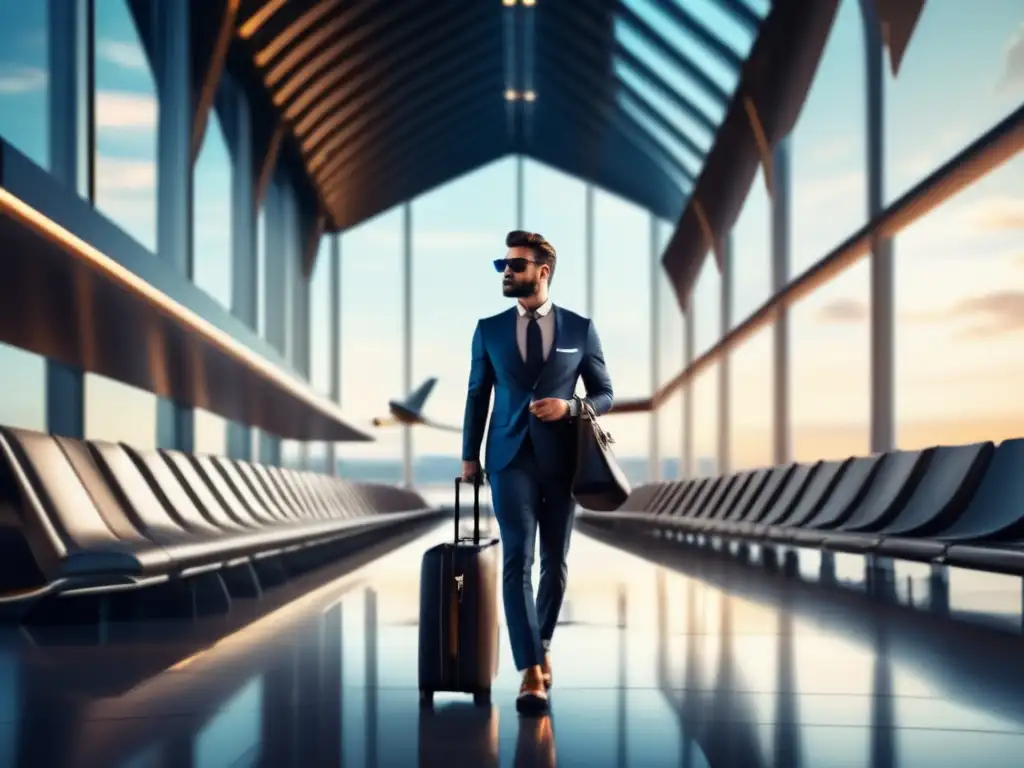 Trucos de embalaje para el hombre moderno en viaje - Viajero elegante frente a terminal aeroportuaria futurista