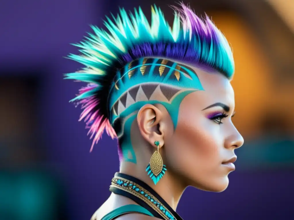 Una persona con un peinado mohawk detallado y artístico, con patrones tribales en colores vibrantes