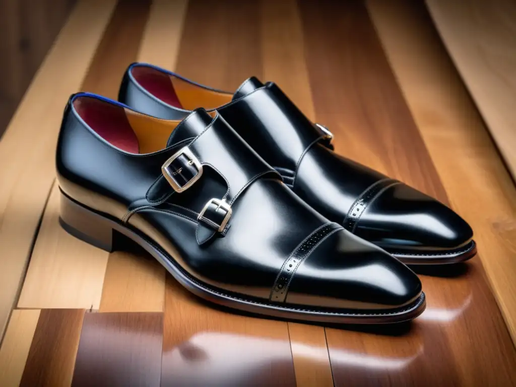 Zapatos formales imprescindibles hombres, imagen 8K de unos elegantes y modernos zapatos monkstrap en superficie de madera pulida