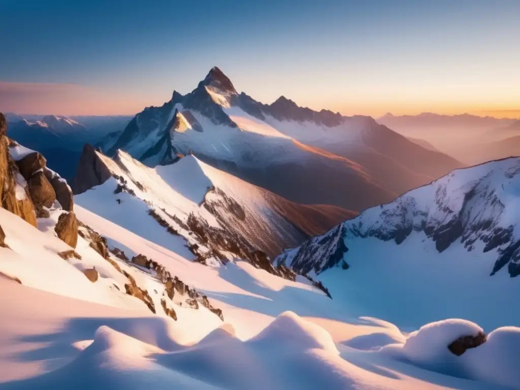 Paisaje montañoso de invierno al amanecer con montañistas y ropa de montaña para hombres