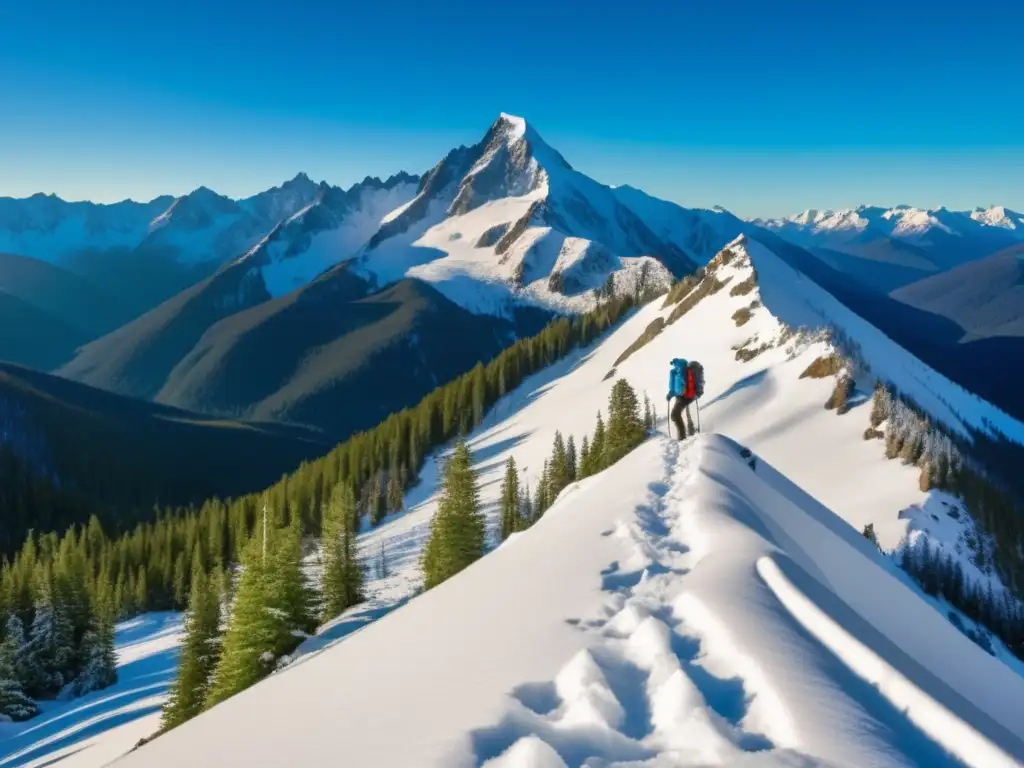 Paisaje montañoso con nieve y hiker aventurero