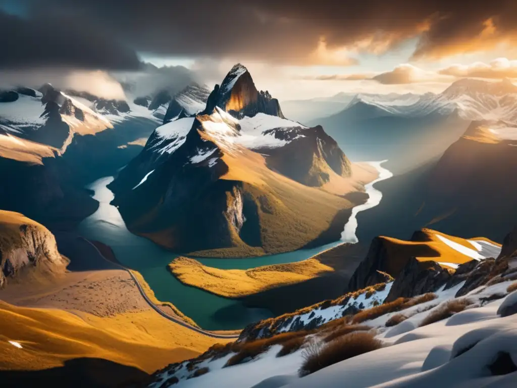 Paisaje montañoso con picos nevados y un aventurero equipado: Equipamiento esencial hombre aventurero montaña