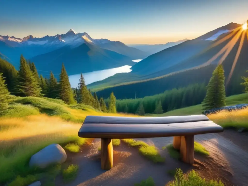 Paisaje montañoso sereno y hermoso Ropa masculina para escapada montaña: paisaje sereno y majestuoso con montañas nevadas, bosques verdes y sendero dorado