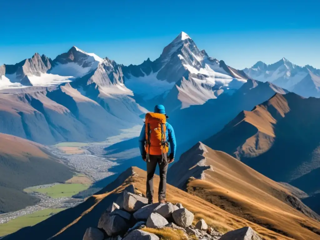Hombre aventurero en montaña con equipamiento esencial