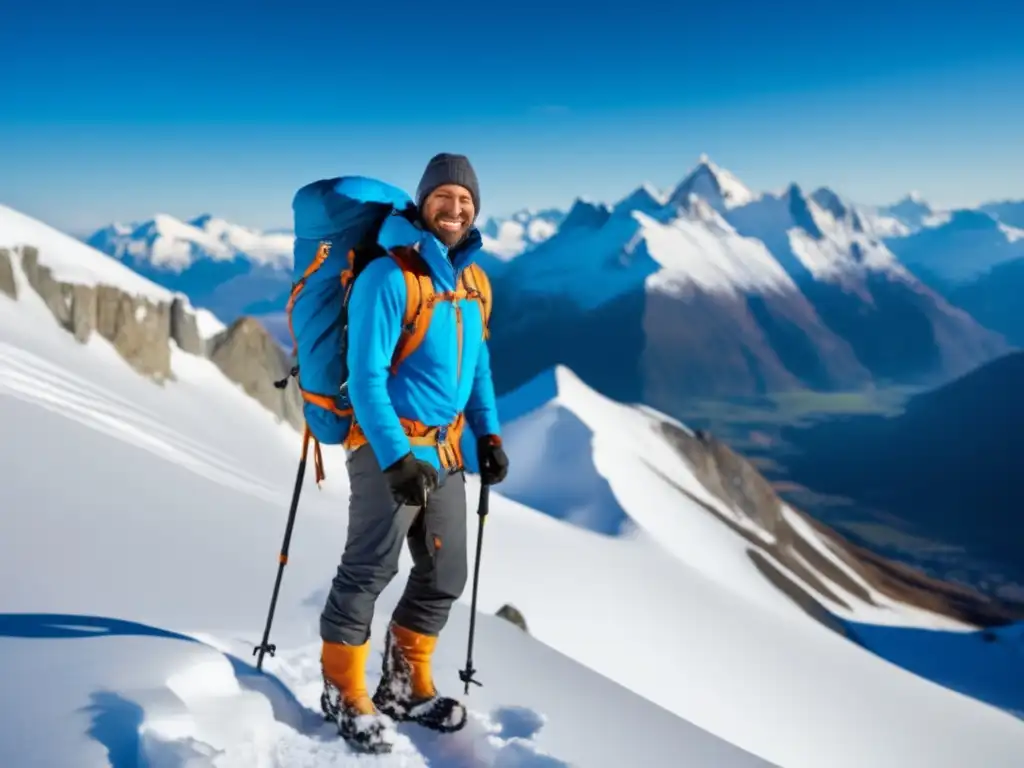 Mountaineer en la cima de montaña nevada, vestido con ropa de montaña para hombres