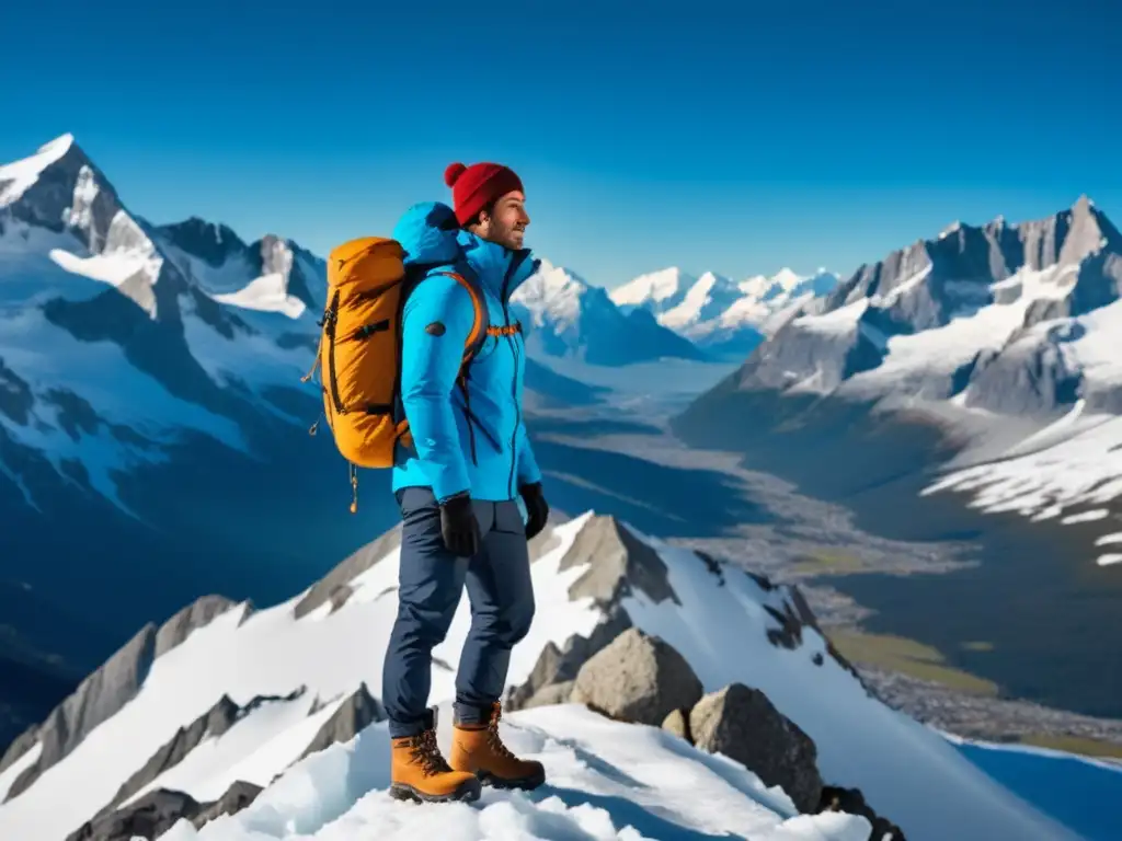 Aventurero elegante en la montaña Ropa masculina para escapada montaña en picos nevados