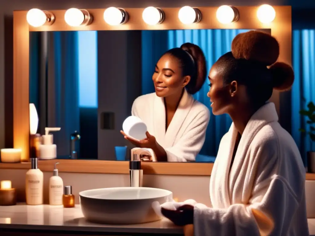 Mujer aplicando limpiador facial en baño