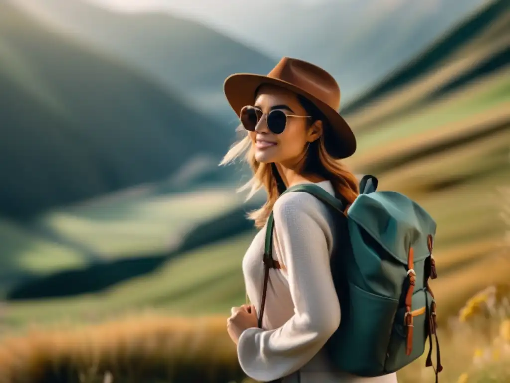 Joven aventurera explorando paisaje montañoso Consejos para mantener estilo en viajes de mochilero