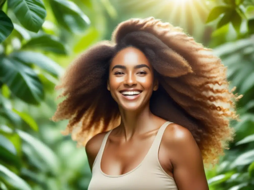 Efectividad productos crecimiento cabello: mujer sonriente con cabello largo y saludable, rodeada de vegetación exuberante