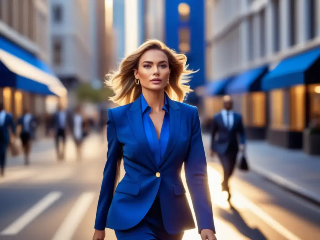 Moda y éxito empresarial: Mujer poderosa en traje azul deslumbrante camina por la ciudad