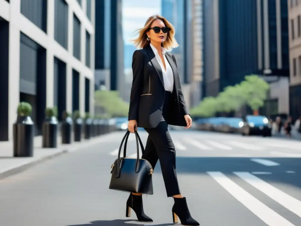 Consejos para vestir con estilo: mujer elegante caminando por la ciudad, atuendo negro impecable, accesorios sofisticados