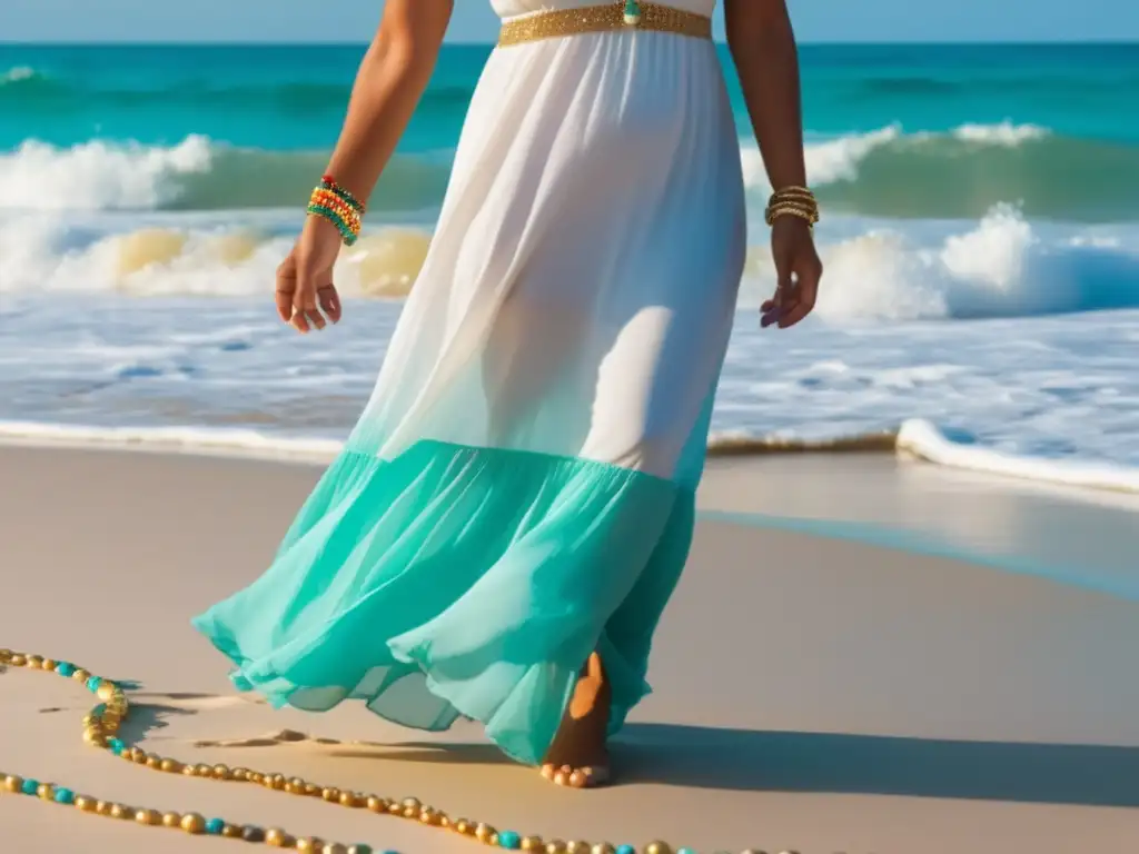 Mujer elegante en playa con vestido blanco, pulseras coloridas y accesorios de playa