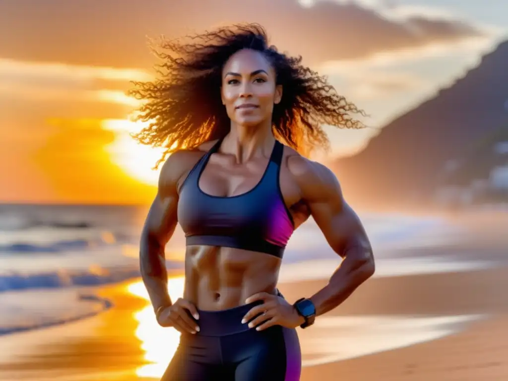 Mujer en forma con figura tonificada y radiante, frente a la playa al atardecer