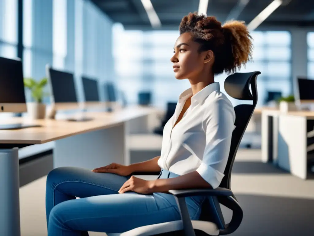 Mujer en silla ergonómica en oficina luminosa y organizada