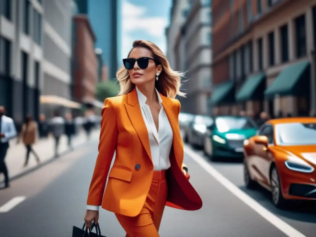 Mujer moderna caminando con confianza en una vibrante ciudad