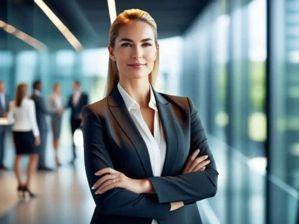 Mujer profesional en traje de negocios, postura y primera impresión