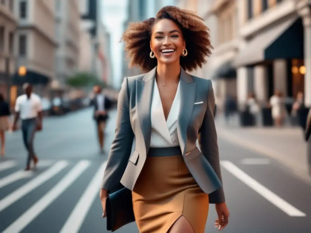 Mujer elegante y segura caminando en la ciudad, reflejo de estilo y autoestima