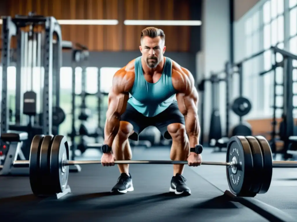 Hombre seguro realizando ejercicios de fuerza en un gimnasio moderno