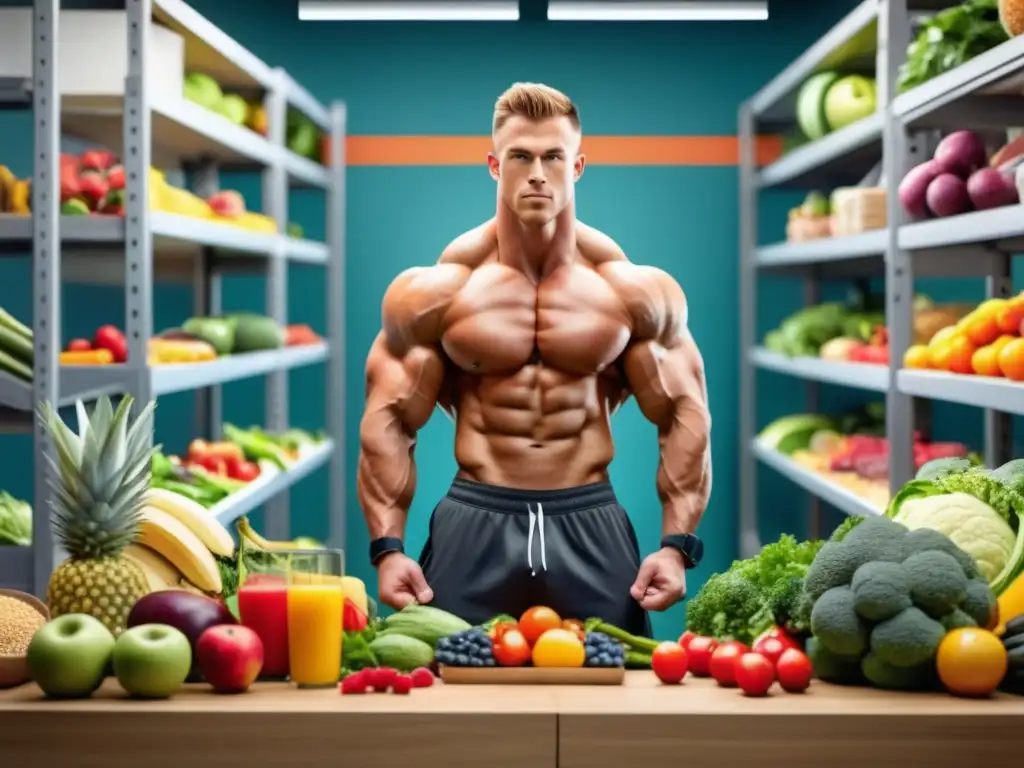 Atleta masculino en gimnasio con alimentos saludables