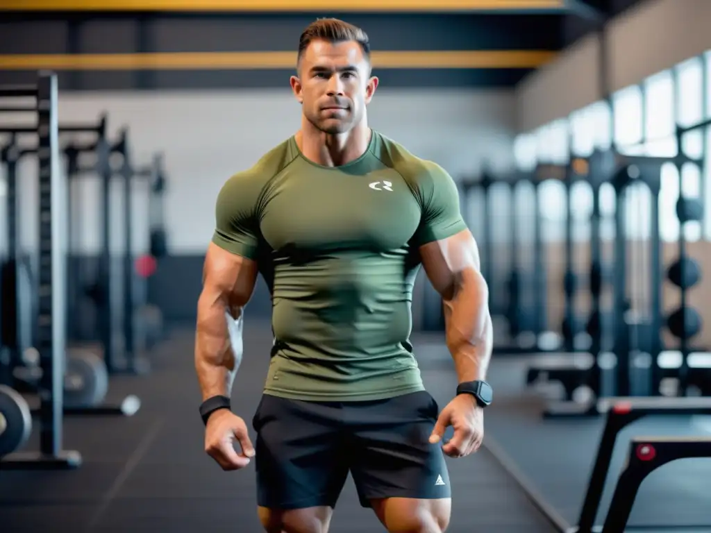 Ropa de crossfit para hombres: Atleta musculoso en un gimnasio moderno, enfocado en un power clean con equipamiento de alta calidad