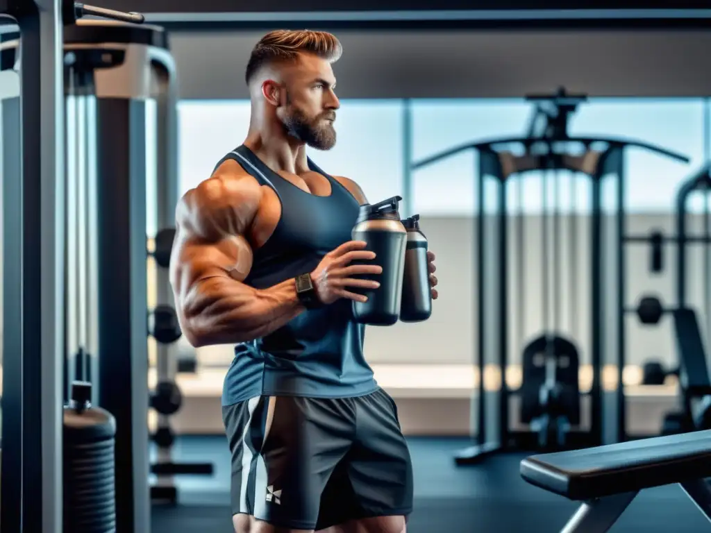 Hombre atleta en gimnasio moderno demostrando beneficios de la dieta alta en proteínas para hombres