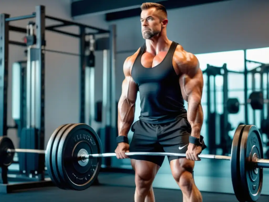 Ejercicios para fortalecer la espalda masculina: hombre musculoso realizando un levantamiento de pesas en un gimnasio moderno