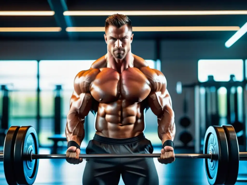 Hombre musculoso en gimnasio, ejercitándose con determinación y fuerza