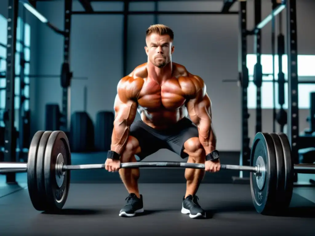 Ejercicios para tonificar el cuerpo masculino: Atleta musculoso realiza sentadilla con barra en gimnasio moderno y bien iluminado