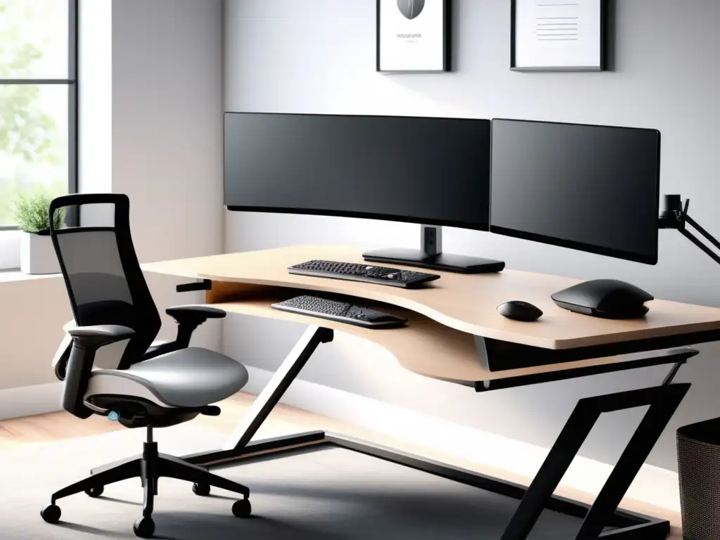 Espacio de trabajo ergonómico en casa con mobiliario y accesorios modernos - Ergonomía en el hogar para hombres