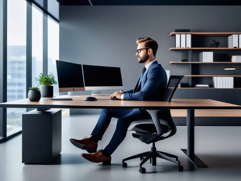 Imagen de oficina moderna con mobiliario ergonómico y vista relajante: Ergonomía y estilo de vida masculino