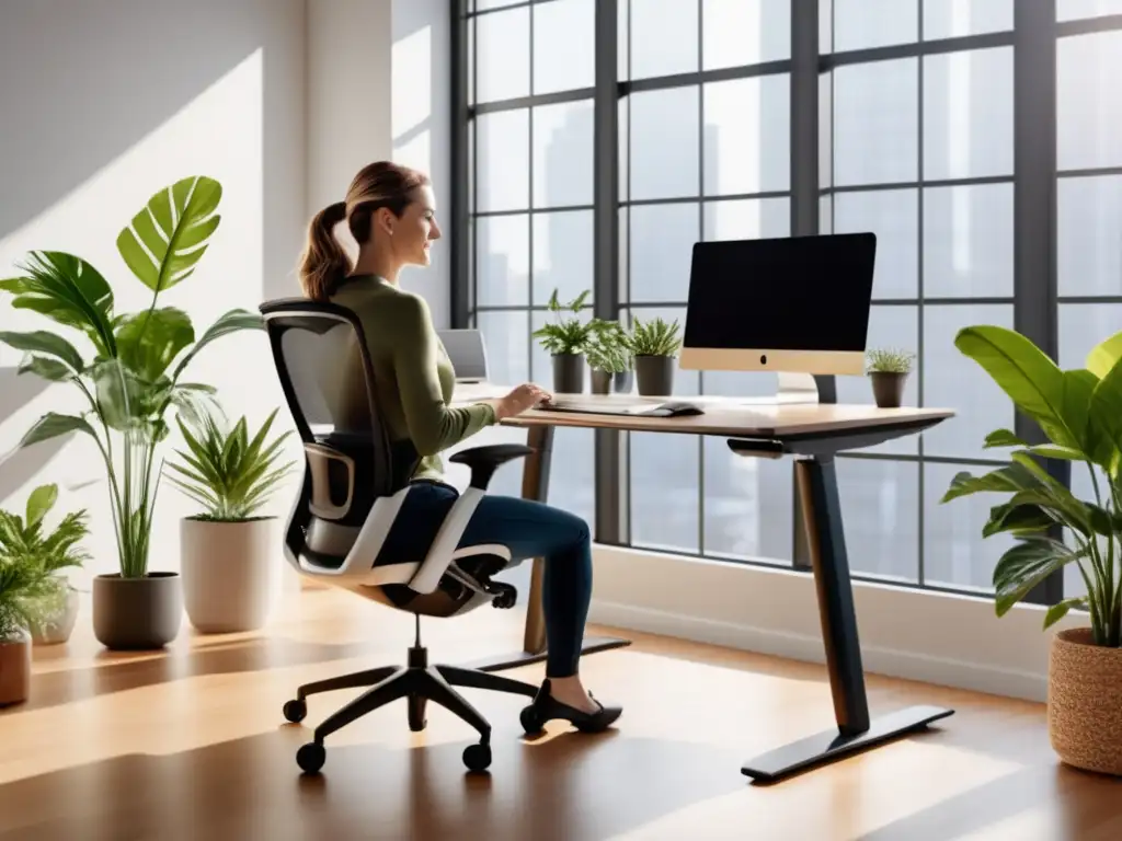 Ergonomía para mejorar rendimiento laboral en oficina moderna con estaciones de trabajo ajustables y cómodas