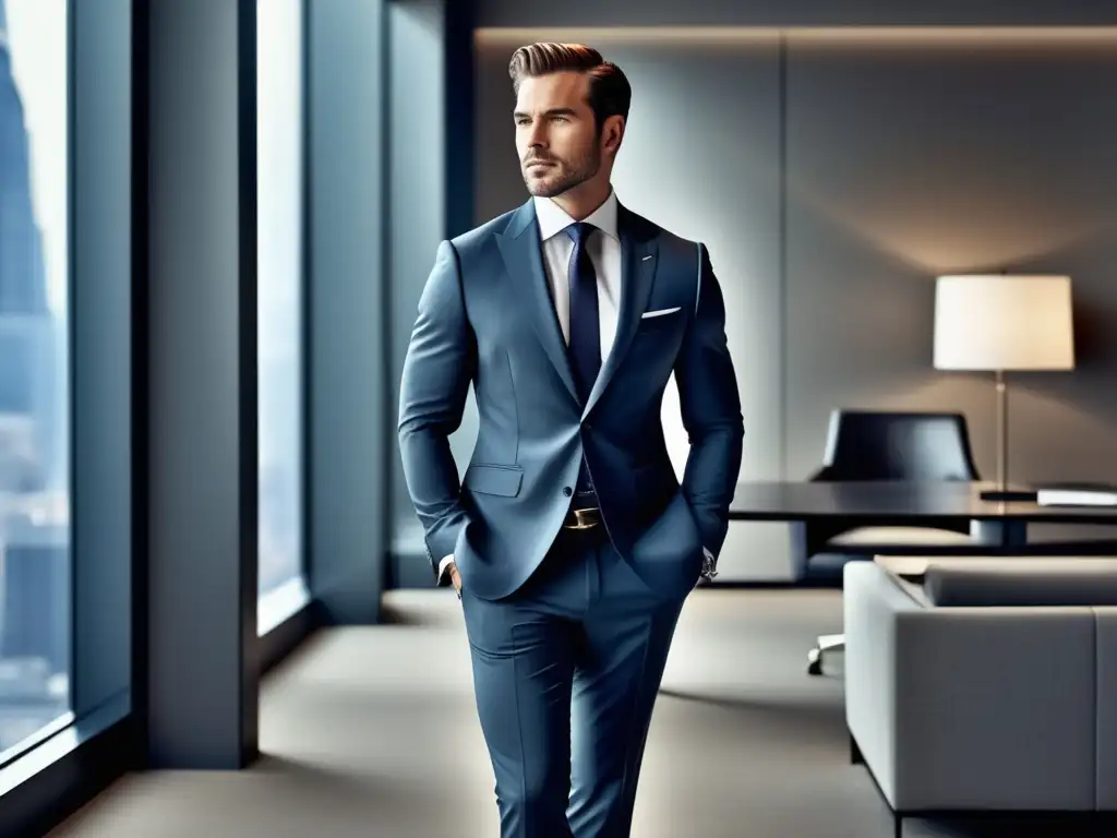 Hombre elegante en oficina moderna, tendencias moda masculina trabajo