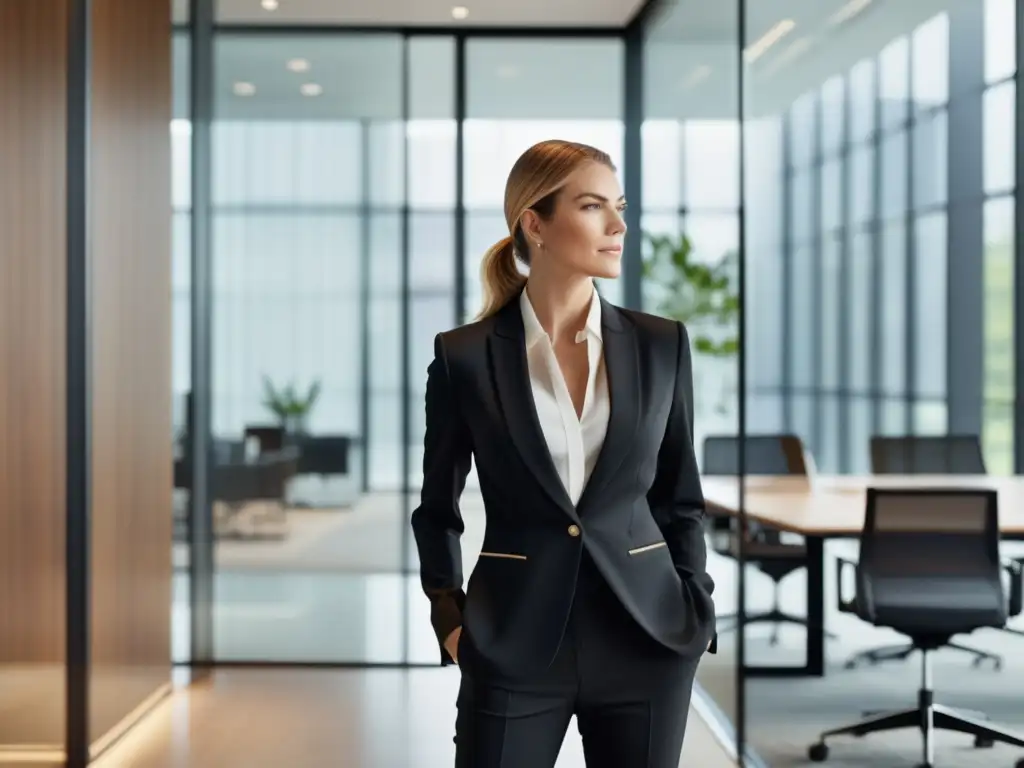 Consejos de estilo para el código de vestimenta corporativo: oficina moderna con luz natural, mujer segura y profesional en traje negro elegante