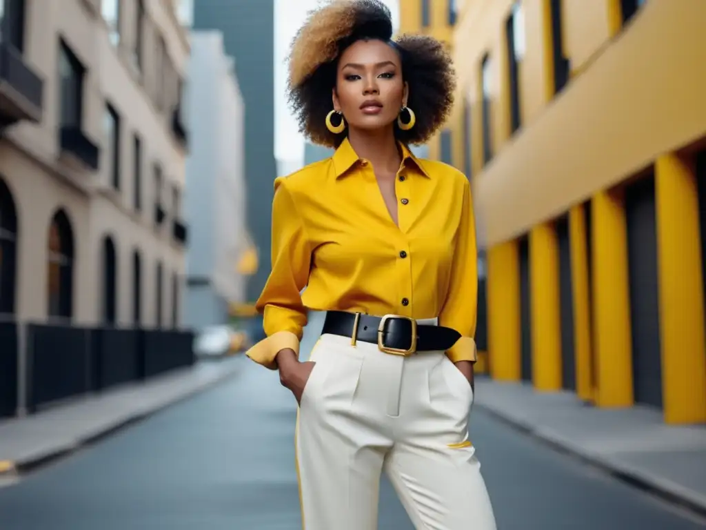 Beneficios amarillo moda: Outfit moderno y elegante con camisa y pantalón amarillo, modelo seguro y energético, accesorios chic y trendy