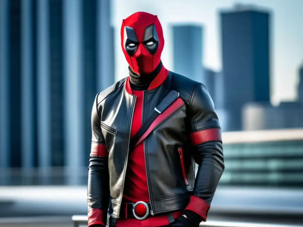 Guía estilo Ryan Reynolds Deadpool, hombre con outfit inspirado en Deadpool luciendo chaqueta de cuero negra y roja, camiseta gráfica blanca y jeans negros ajustados