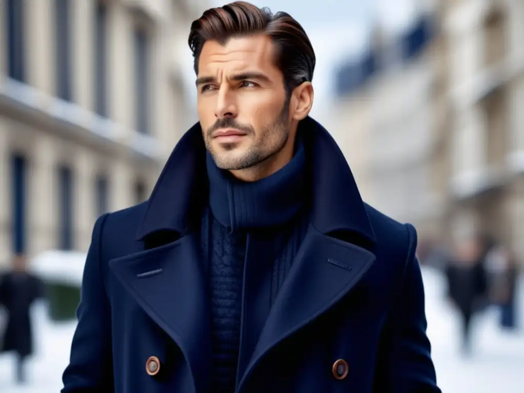 Accesorios imprescindibles invierno hombre: Elegante atuendo invernal con abrigo, bufanda, guantes y sombrero azul marino