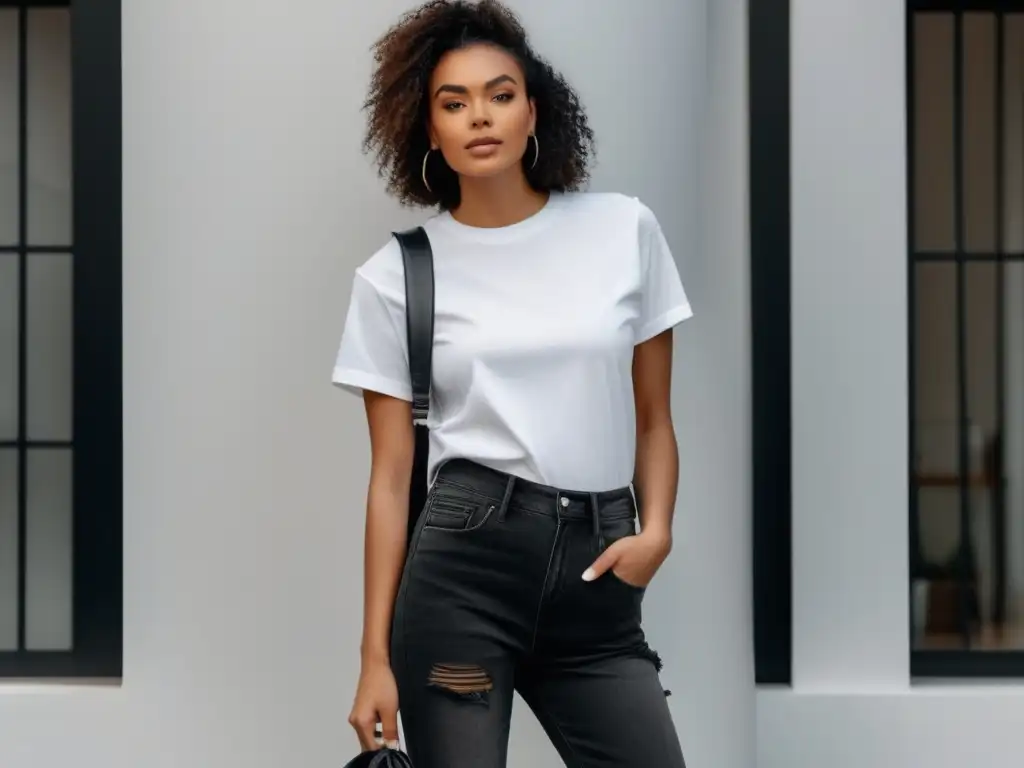 Un look unisex para estilo único: camiseta blanca holgada, jeans negros de talle alto, zapatillas blancas y mochila minimalista negra