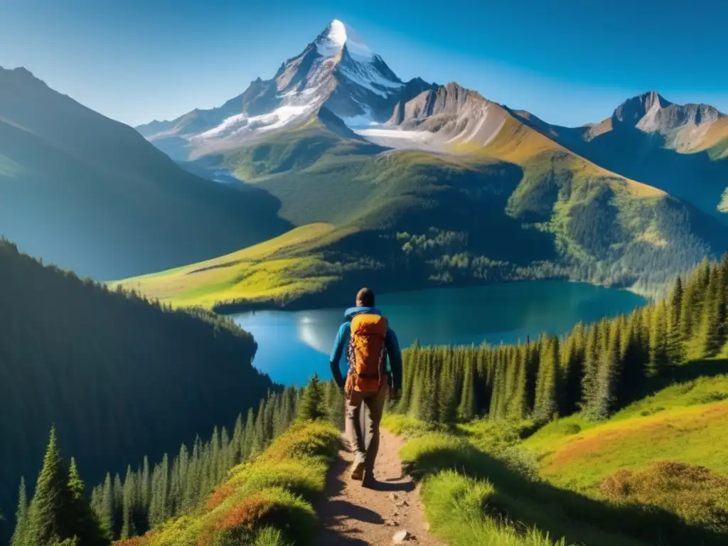 Hombre en montaña con ropa de montaña, paisaje espectacular