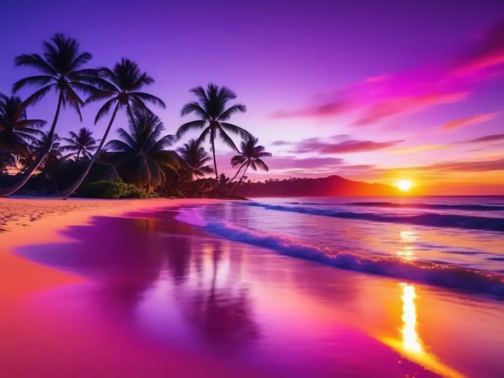 Hermosa imagen 8k de una playa tropical al atardecer con colores cálidos y beneficios psicológicos