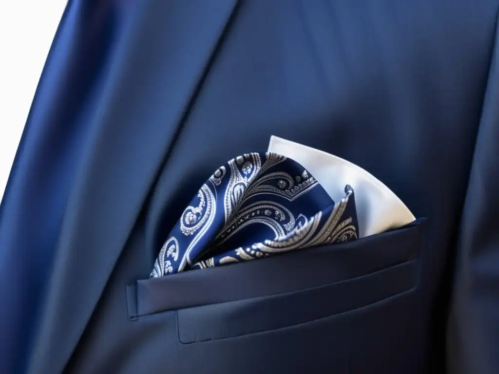 Beneficios del pañuelo de bolsillo en la moda masculina: pañuelo elegante de seda con patrón de paisley en azul marino y plata