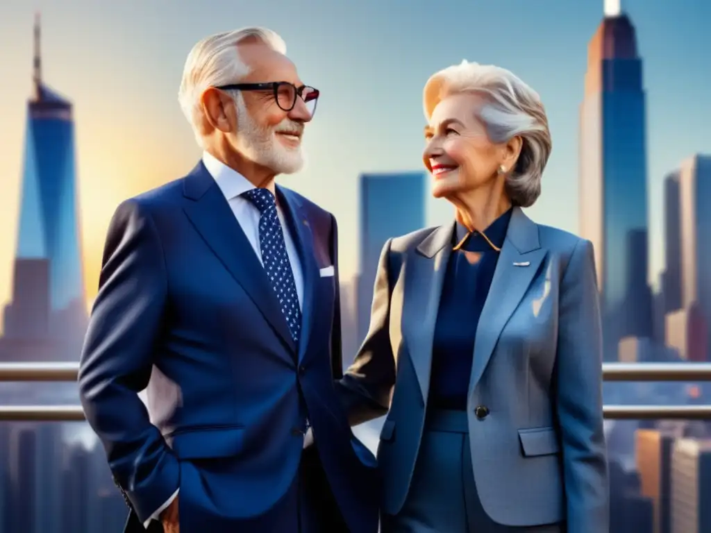 Moda en la tercera edad: vestir ocasión - Pareja de ancianos elegantes contra una ciudad moderna, reflejando estilo y sofisticación