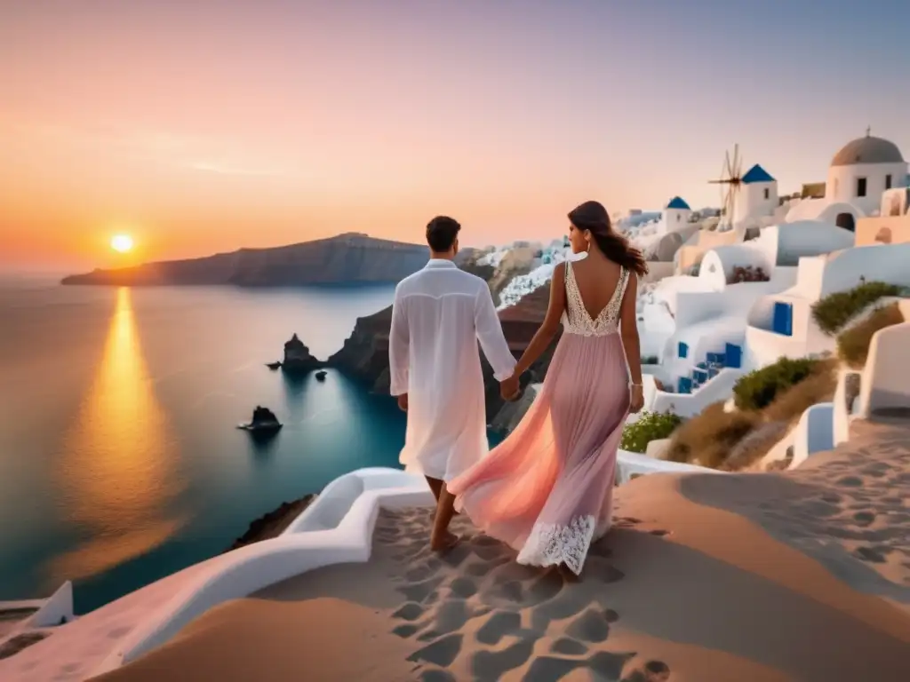 Pareja romántica en la playa de Santorini, Grecia Pareja elegante disfruta atardecer en playa de Santorini - Consejos viajar estilo destinos románticos