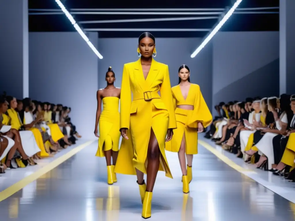 Beneficios del color amarillo en moda: pasarela moderna con modelos en atuendos vibrantes