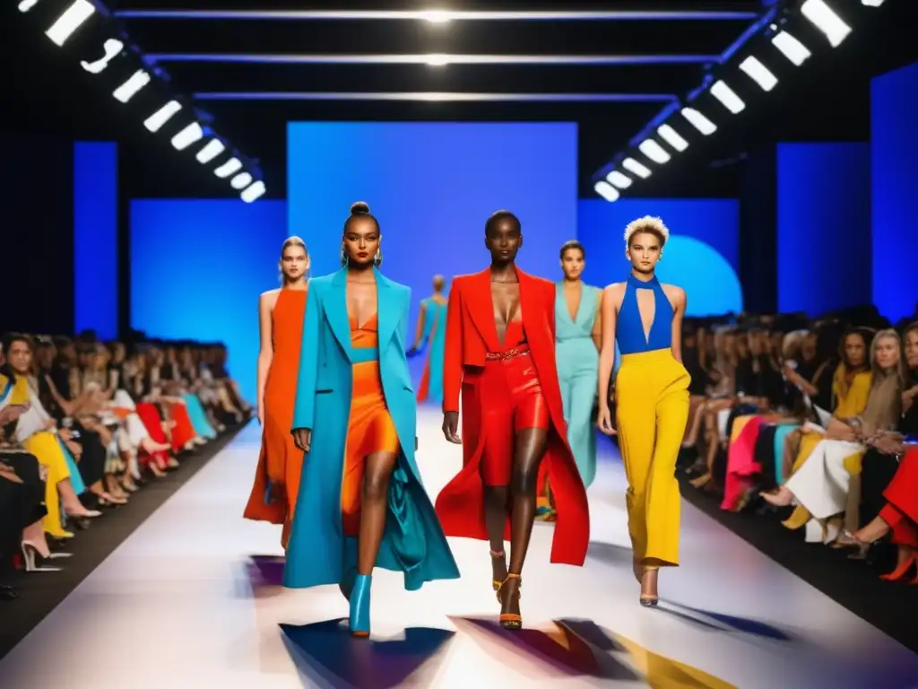 Influencia de color en moda: Pasarela vibrante y moderna con modelos luciendo atuendos coloridos que representan personalidades y estados de ánimo