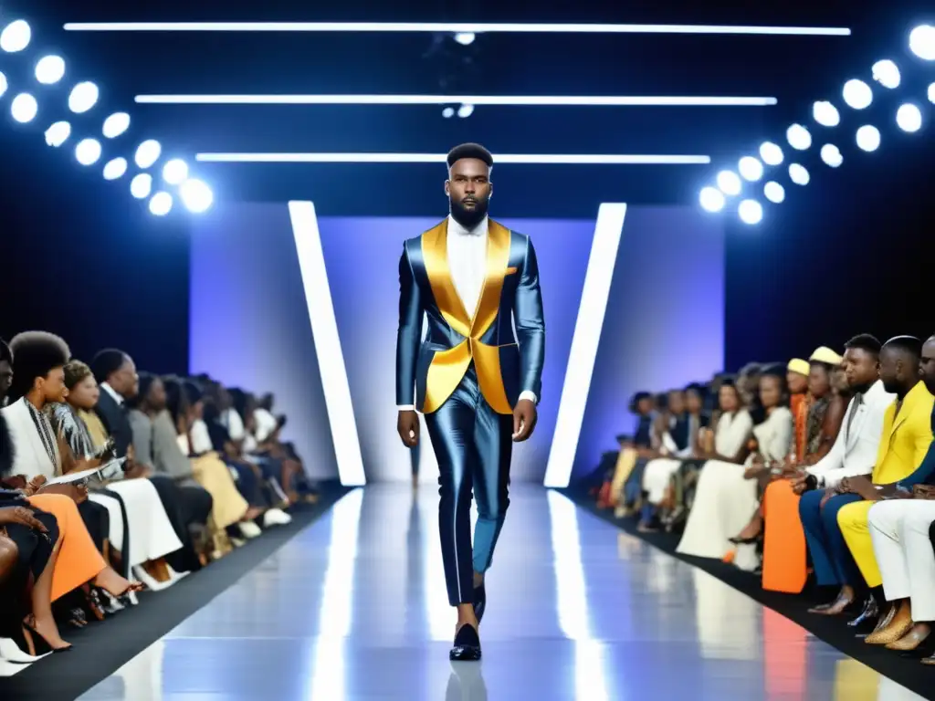 Influencia moda sudafricana en estilo masculino: Pasarela impactante con diseños vanguardistas, colores vibrantes y detalles culturales